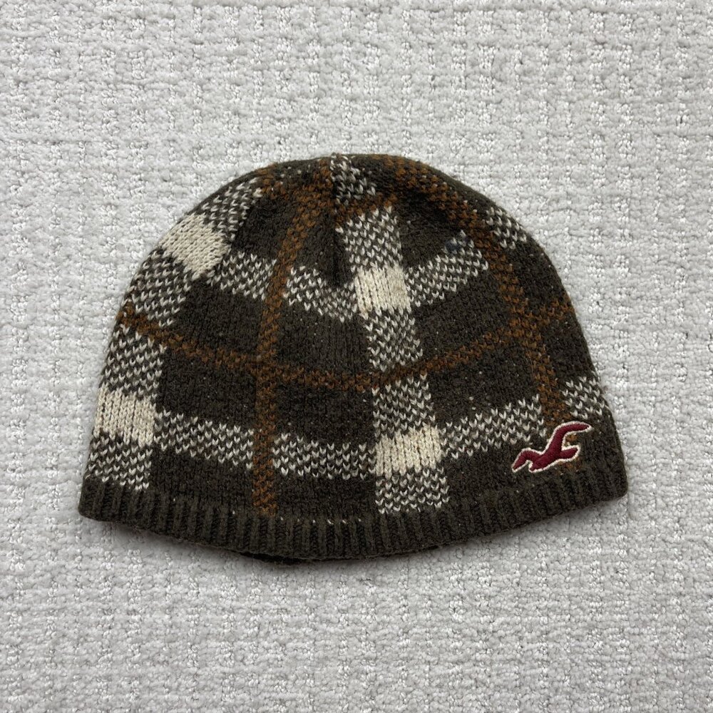 Vintage Y2K Hollister Plaid Beanie Red Bird Logo Snow Ski Hat Retro Classic 90s